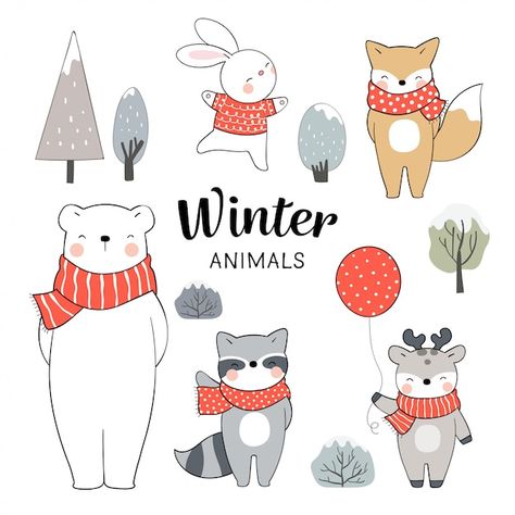 Christmas Animals Drawing, Winter Animals Illustration, Cute Winter Drawings, Christmas Animals Illustration, Christmas Cute Illustration, Winter Drawings, Animal Doodles, Winter Illustration, Draw Illustration