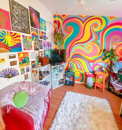 Gen Z Maximalism, Colorful Home Aesthetic, Rainbow Room Aesthetic, Colorful Maximalist Bedroom, Y2k Maximalist, Maximalist Room Decor, Teen Room Makeover, Funky Room, Colorful House