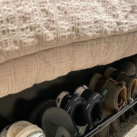 Jen & Dustin on Instagram: "Foot of the bed shoe rack. Hubs was tired of tripping over shoes at the foot of the bed (they were his shoes 😆). Industrial curtain rod from Amazon $17.99. 15 minute install. No more tripping over shoes! #campinglife #camplife #rvlife #rvliving #fulltimeliving #fulltimerv #rvhacks #shoerack" Shoe Storage Hacks, Industrial Curtain Rod, Rv Travel Trailers, Rv Storage, Rv Hacks, Camper Shoes, Full Time Rv, Rv Stuff, Storage Hacks