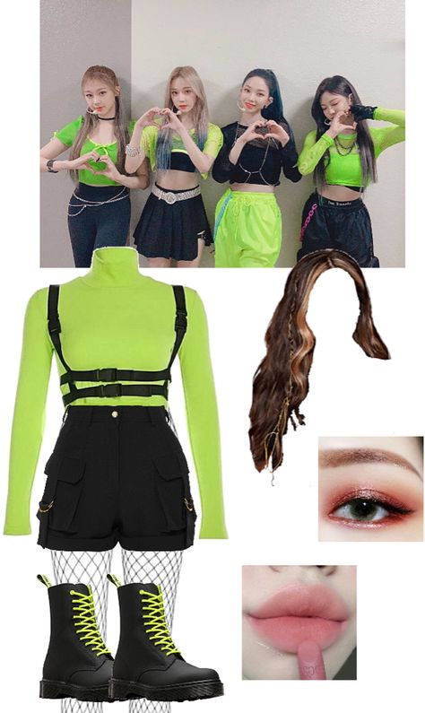 Neon Stage Outfits, Neon Green Concert Outfit, Kpop Green Outfit, Neon Outfit Ideas Party, Aespa Stage Outfits, Neon Outfits Party Night, Neon Outfits Party, Aespa 5th Member Outfits, Neon Green Outfit