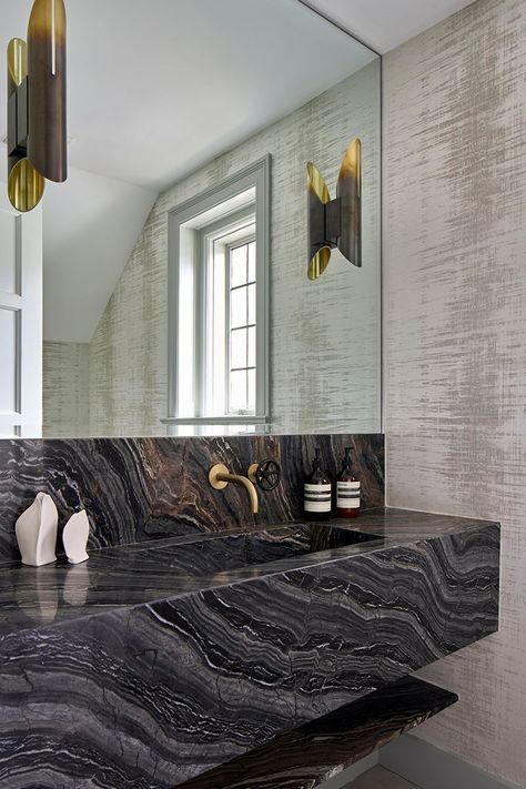 Scarsdale Home 2021 - Contemporary - Powder Room - New York - by B Interior | Houzz Large Mirror Powder Room, Powder Room Feature Wall, Small Modern Chandelier, Contemporary Powder Room Ideas, Contemporary Half Bath, Marble Powder Room, Powder Bath Ideas, Powder Bath Wallpaper, Half Bath Design