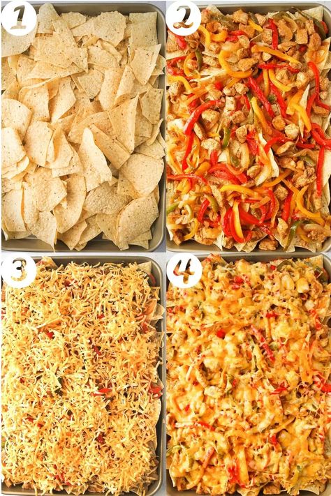 Oven Baked Nachos Chicken, Chicken Fajitas Nachos With Queso, Fajita Nachos Recipe Chicken, Chicken Fajita Nachos With Queso, Chicken Fajitas Nachos, Nachos Chicken Recipe, Chicken Fajita Nachos Recipes, Sides For Chicken Fajitas, Loaded Nachos Recipe Chicken