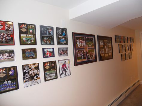 Kids youth sports pictures Kids Sports Pictures, Sports Pictures Display, Athletic Pictures, Picture Display Wall, Random Decor, Sports Photo, Upstairs Hallway, Room Redesign, Team Pictures