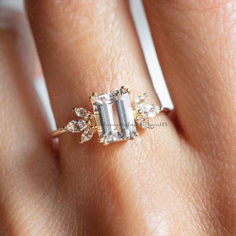 Stackable Engagement Ring, Emerald Cut Engagement Ring, Local Eclectic, Emerald Cut Engagement, Marquise Ring, Gold Beauty, Side Stone Engagement Ring, Engagement Rings Marquise, Emerald Engagement Ring Cut