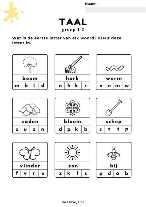 werkblad taal groep 1-2 letterherkenning thema de tuin Mickey Coloring Pages, Body Preschool, Kids Math Worksheets, School Posters, Alphabet Activities, Math For Kids, Math Worksheets, Primary School, Preschool Activities