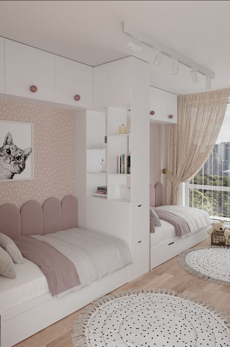 Children room for two girls :: Behance Bedroom Ideas For 3 Sisters, Small Room Cozy, Sibling Bedroom, Twin Girl Bedrooms, Sister Bedroom, Narrow Bedroom, Sibling Room, Shared Girls Room, Sister Room