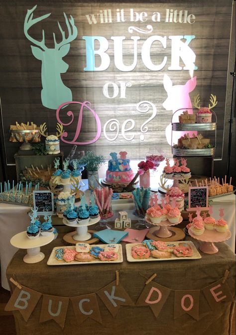 Gender Reveal Ideas Nature, Doe Or Buck Gender Reveal Ideas, Gender Reveal Ideas Hunting, Gender Reveal Deer Theme, Gender Reveal Buck Or Doe Ideas, Bucks And Does Gender Reveal, Gender Reveal Ideas Buck Or Doe, Hunting Gender Reveal Ideas For Party, Buck Or Doe Gender Reveal Decorations