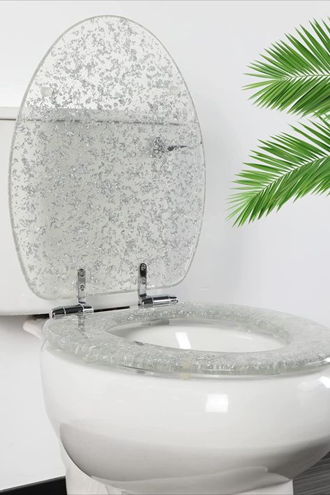 Resin Toilet Seat Elongated Soft Close Quick Release Heavy Duty Toilet Seats with Glitter Cover Acrylic Seats Silver Foil 19 Inch Resin Toilet Seat, Glitter Home Decor, Toilet Seats, Silver Foil, Toilet Seat, Quick Release, Foil, Heavy Duty, Glitter