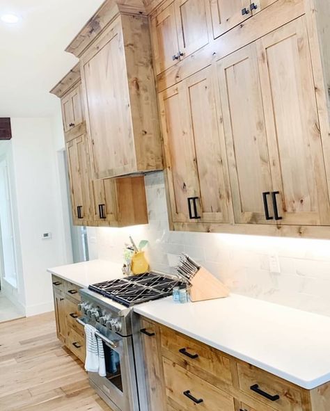 Unfinished Wood Cabinets, Washed Wood Kitchen Cabinets, Knotty Maple Kitchen Cabinets, Modern Farmhouse Kitchens Wood Cabinets, Light Knotty Alder Kitchen Cabinets, Natural Knotty Alder Kitchen Cabinets, Brick Backsplash Kitchen Wood Cabinets, Light Stained Kitchen Cabinets, Kitchen Cabinet Decor Above