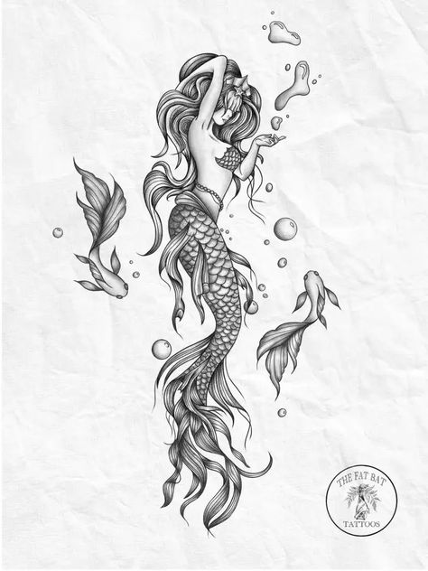 original tattoo piece based on your ideas. They can be as vauge or as detailed as you want. you can also provide multiple reference photos. Each of the packages will include the simple line work of your design. You are also entitled to 3 adjustments if the design isnt as you had hoped! However drastic changes/ changing the whole design will come at an extra cost :) As tattoos are important and i want to make sure i create the perfect design for you, i recommend giving me as much detail as you Mermaid Thigh Tattoo, Mermaid Sleeve Tattoos, Siren Tattoo, Mermaid Tattoo Designs, Tattoo Posters, Mom Tattoo Designs, Pisces Tattoos, Muster Tattoos, Original Tattoos