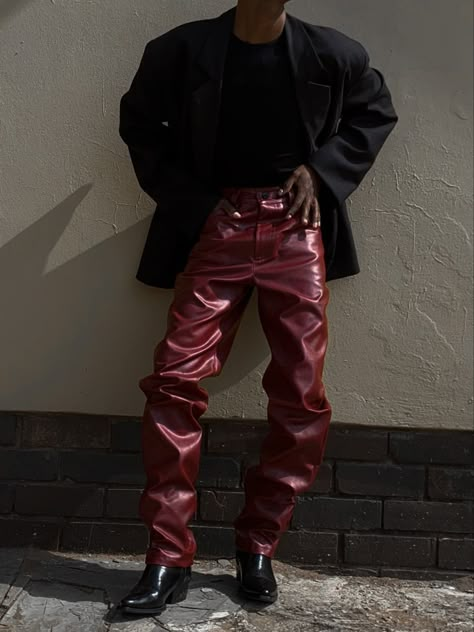 Red Leather Pants Outfit Men, Red Pants Outfit Men, Leather Pants Outfit Men, Red Leather Trousers, Men's Urban Style, Red Leather Pants, Cowboy Carter, Mens Inspo, Painted Clothes Diy