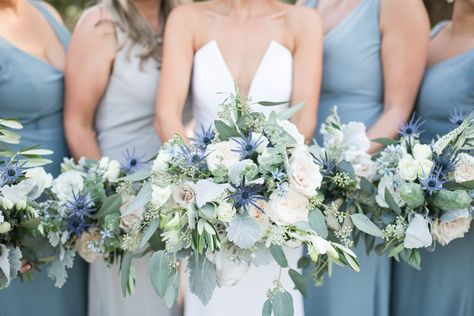 Blue White Ivory Wedding Colors, Bridesmaids Dresses, Organic Bridal Bouquet White Blue Greenery, Modern wedding dress, Wedding dress with deep v cut, wedding flowers, wedding florals, wedding party, garden wedding, outdoor ceremony and reception, Moss mountain farm wedding Slate Blue Wedding Bouquet, Flowers For Dusty Blue Wedding, Dusty Blue And Sage Bouquet, Dusty Blue And Sage Flowers, Dusty Blue Bridesmaids Bouquets, Dusty Blue Wedding Bouquet Bridesmaids, Sage Green And Dusty Blue Bouquet, Flowers With Blue Bridesmaid Dresses, Sage Green And Dusty Blue Wedding Bouquet