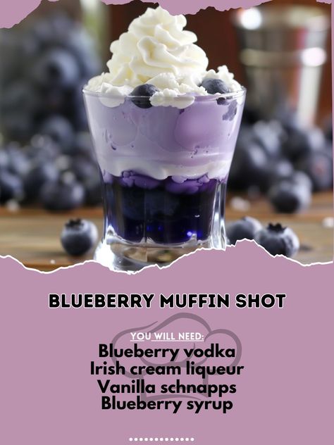 🫐 Indulge in the delightful Blueberry Muffin Shot! 🧁✨ #BlueberryMuffinShot #SweetSips Blueberry Muffin Shot Ingredients: Blueberry vodka (1 oz) Irish cream liqueur (1/2 oz) Vanilla schnapps (1/2 oz) Blueberry syrup (1/4 oz) Whipped cream (for topping) Fresh blueberries (for garnish) Instructions: In a shaker, combine blueberry vodka, Irish cream liqueur, vanilla schnapps, and blueberry syrup with ice. Shake well. Strain into a shot glass. Top with whipped cream and garnish with a fresh bl... Blueberry Muffin Shot Recipe, Blueberry Alcoholic Drinks, Blueberry Muffin Shot, Mixed Drinks Alcohol Recipes, Shots Alcohol Recipes, Blueberry Cocktail, Bartender Drinks Recipes, Christmas Drinks Alcohol Recipes, Vodka Recipes Drinks