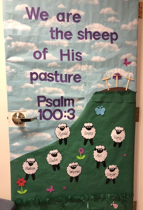 Bible School Door Decorations, Preschool Farm Bulletin Board Ideas, Bible Class Attendance Bulletin Board, Sheep Classroom Decor, The Lord Is My Shepherd Bulletin Board, Bible School Classroom Decor, Sheep Bulletin Board Ideas, Sheep Bulletin Board, Bible Class Door Decorations