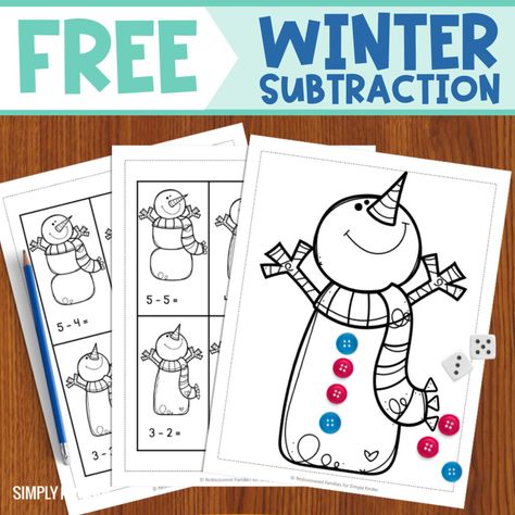 Winter Math Worksheets Kindergarten, Winter Stations For Kindergarten, Snowflake Math Kindergarten, Winter Addition Worksheets, Winter Subtraction Kindergarten, Teaching Subtraction, Subtraction Kindergarten, Kindergarten Math Free, Subtraction Activities