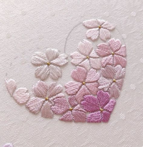 Sakura Flower Embroidery, Embroidered Cherry Blossoms, Pink Embroidery Designs, Embroidery On Pink Fabric, Sakura Embroidery, Kawaii Embroidery, Cherry Blossom Embroidery, Embroidery Stitches Beginner, Simple Hand Embroidery Patterns