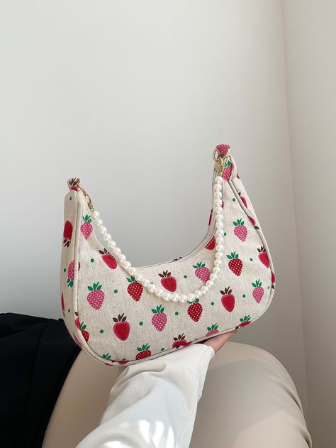 Multicolor Cute,Fashionable Collar  Polyamide Fruit&Vegetable Hobo Bag Embellished   Women Bags Strawberry Pattern, Tas Fashion, Girly Bags, Pearl Decor, Pearl Bag, Fancy Bags, Bags Aesthetic, Pretty Bags, Cute Purses