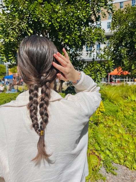 Girl with brown hair in two braids wearing a white jacket in front of green trees Double Braid Ponytail, Ponytail Brown Hair, Brown Hair Braids, Double Braided Ponytail, Braid Ponytail, Braids For Medium Length Hair, Brown Hair Inspo, Plaits Hairstyles, Cute Hairstyle