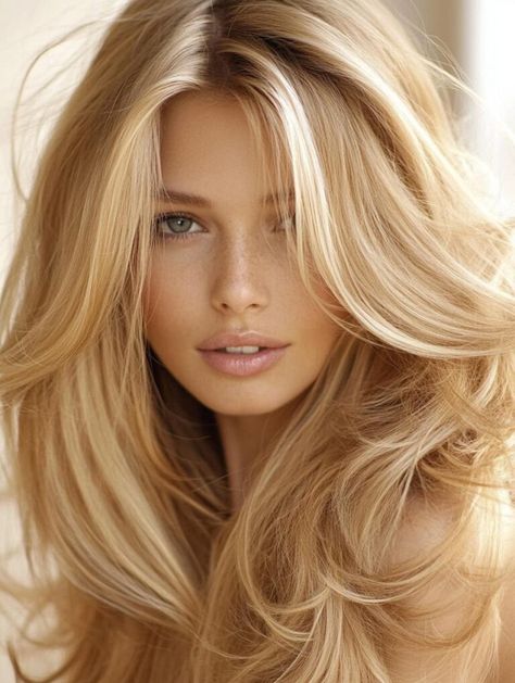 Stunning Honey Blonde Hair Color Ideas for a Radiant Look Honey Blonde With Strawberry Highlights, Blonde Long Bangs, Honey Blonde With Dark Roots, Honey Strawberry Blonde Hair, Honey Blonde Hair Color Ideas, Warm Honey Blonde, Gold Blonde Hair, Yellow Blonde Hair, Strawberry Honey