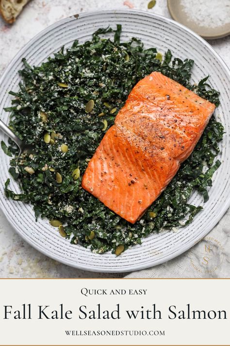 Fall Kale Salad with Pan Seared Salmon. Fall Kale Salad, Salad With Salmon, How To Cook Kale, Greek Lemon Chicken, Chicken Gnocchi Soup, Scrumptious Food, Foodie Art, Pan Seared Salmon, Lunch Recipe