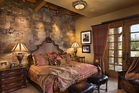 mountain-family-compound-locati-architects-24-1-kindesign Stone Walls Interior, Stone Wall Design, Bedroom Traditional, Feng Shui Bedroom, Warm Bedroom, Rustic Bedroom Decor, Interior Design Per La Casa, Stone Walls, Traditional Bedroom