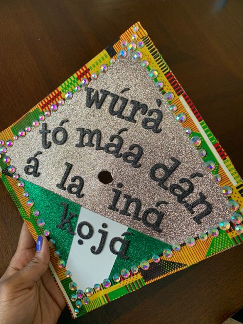 Gold, Nigerian, graduation cap Graduation Ceremony Outfit, Ceremony Outfit, Graduation Cap Decoration Diy, High School Graduation Cap, Grad Cap Designs, Cap Decoration, Graduation Cap Designs, Cap Ideas, Graduation Caps