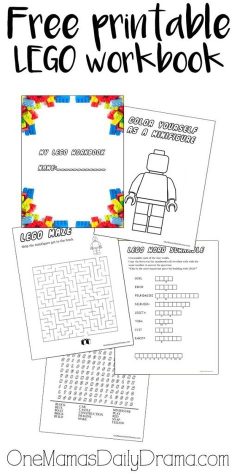 Free printable LEGO workbook | 4 pages of puzzles for LEGO loving kids! Coloring page, maze, word search, and word scramble. Plus this blog has a TON more LEGO printables! Lego Challenge Cards Free Printable With Pictures, Lego Worksheets Free Printables, Lego Themed Crafts, Lego Desserts, Lego Worksheets, Lego Learning Activities, Lego Maze, Lego Classroom, Daily Drama