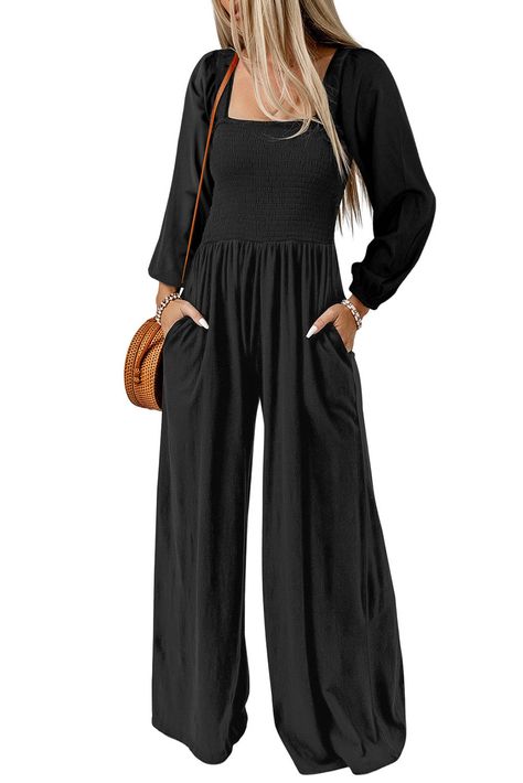 Girly Athletic, Loose Fit Jumpsuit, Black Wardrobe, Square Neck Long Sleeve, Wardrobe Pieces, Flare Jumpsuit, Green Jumpsuit, Long Sleeve Jumpsuit, Athletic Outfits