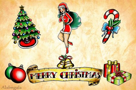 Merry Christmas By:Alejandra L Manriquez. #tattoo #tattooflash #pinup Christmas Tattoo Flash, Xmas Tattoo, Small Traditional Tattoo, Christmas Flash, Christmas Tattoo, Flash Design, Pin Up Tattoos, Christmas Town, Tattoo Flash Art