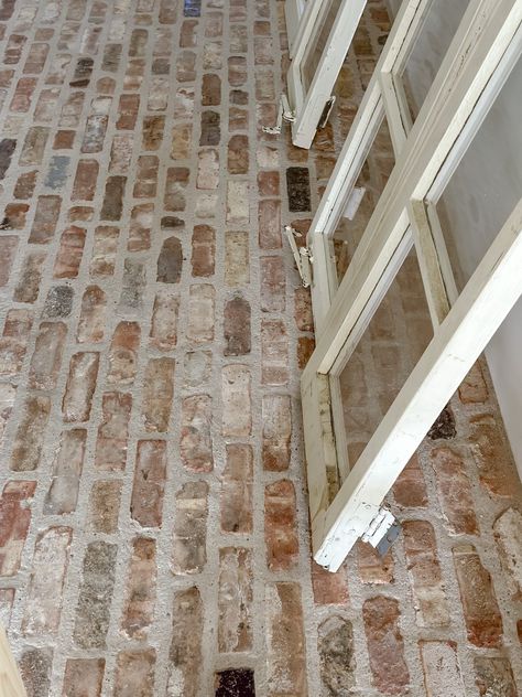 White Cottage Farm Kitchen Reno - Brick Laying Update 11 Brick Paver Tile Floor, Brick Tile Pattern, Reclaimed Brick Floor, Brick Pavers Kitchen, Lake Mudroom, Brick Range Hood, Stove Cove, Brick Floor Bathroom, Interior Brick Wall Ideas