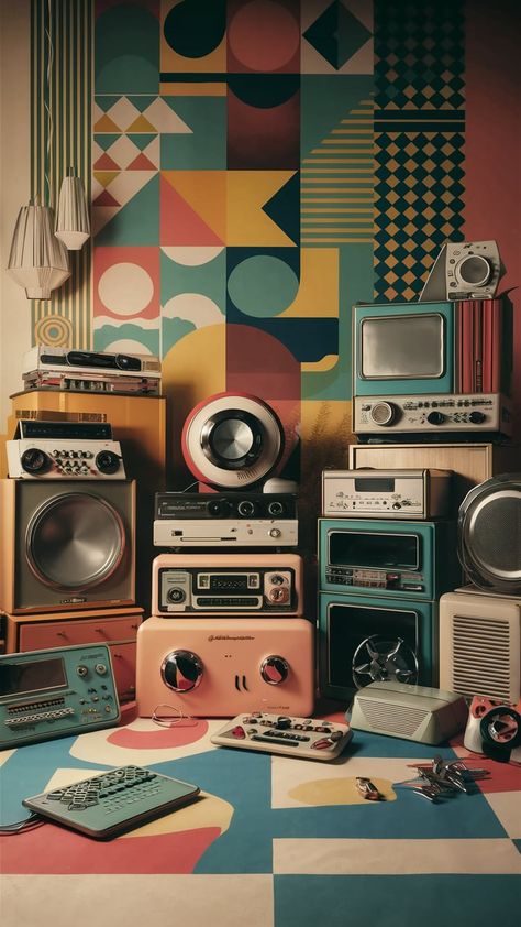 Immerse yourself in a vintage room where mid-20th century aesthetics meet vibrant pop art. Featuring classic gadgets and iconic gaming consoles against a Bauhaus-inspired backdrop, this retro tech wallpaper captures soft 70s hues, bold graphic patterns, and retro futurism. Perfect for enthusiasts of nostalgia, vintage decor, and pop culture. Elevate your space with a touch of innovative history! Vintage Futurism Aesthetic, Vintage Room Ideas Retro, Retro Futurism Aesthetic, Vintage Futurism, Tech Wallpaper, Futurism Art, Bauhaus Inspired, Pop Art Colors, 70s Nostalgia