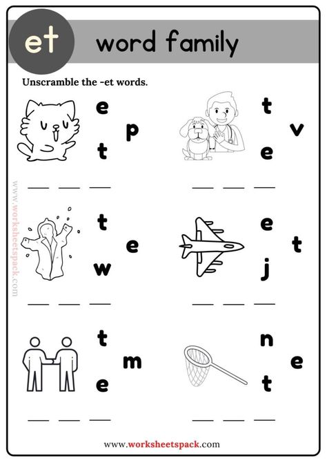 Ad Word Family Worksheets, Et Family Words Worksheet, Et Family Words, Et Word Family, Vcv Words, Jumbled Words, Cvc Word Work, Preschool Activities Printable, Teach English To Kids