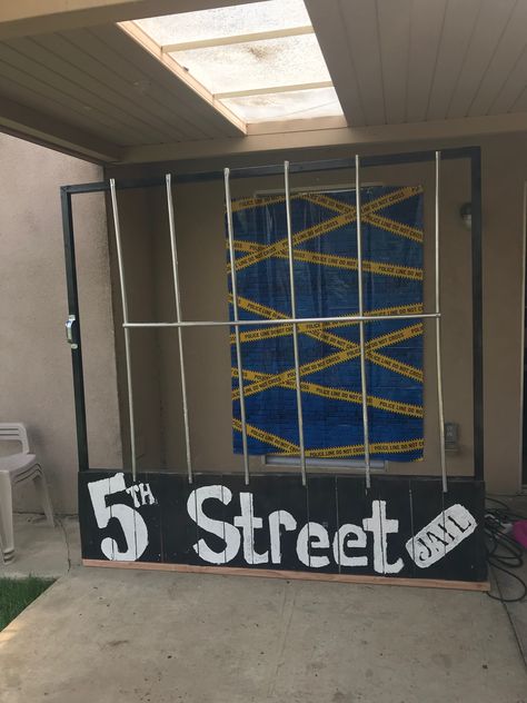 Jail Booth Ideas, Jail Photoshoot, Jail Booth, Release Party Ideas, Jail Photo, Police Theme Party, Photo Booth Ideas, Corkboard Ideas Decor, 20s Party