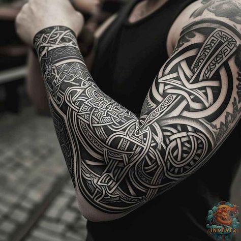 Unveiling the Mystical Meanings Behind Celtic Symbol Tattoos: 98 Designs - inktat2.com Scottish Sleeve Tattoos For Guys, Norse Owl Tattoo, Celtic Symbol Tattoos, Sleeve Ideas For Men, Tattoo Backgrounds, Jormungandr Tattoo, Mystic Tattoo, Norse Tattoos, Celtic Sleeve Tattoos