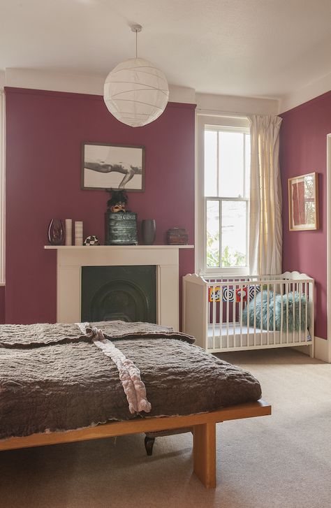 The spare bedroom has been painted a juicy raspberry red and  finished with a boiled wool throw #WTinteriors Raspberry Painted Walls, Raspberry Bedroom Walls, Raspberry Bedroom Ideas, Raspberry Bedroom, Explorer Room, Realistic Bedroom, Plain Bedding, Victoria Terrace, Realistic House