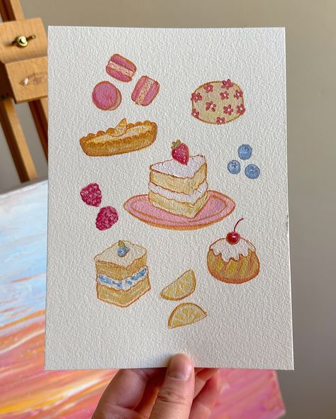 CAKE! 🍰 lots of little cakes today🧁🍓🫐 Another really fun painting from today, I had some great suggestions for this one 🫶🙌✨ I’m definitely seeing a range of these in development ✏️👀✨ #foodart #cakeillustration #cutecakes #cuteaesthetic #strawberrycake #illustration #acrylicpainting Small Colorful Drawings, Artsy Things To Do, Journal Illustration Ideas, Simple Color Pencil Drawing Ideas, Cute Cake Illustration, Cake Drawing Aesthetic, Pastry Drawing, Birthday Cake Painting, Colourful Sketches