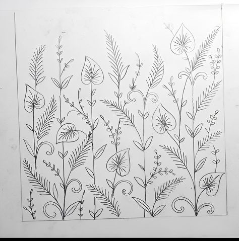 Leaf style big border daaman sketch design 1 Saree Painting Designs, Embroidery Fashion Detail, Flower Machine Embroidery Designs, Flower Line Drawings, Embroidery Sampler, Embroidery Design Sets, Border Embroidery Designs, Handmade Embroidery Designs, Bead Embroidery Patterns