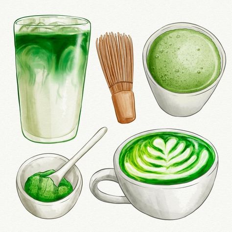 Matcha Plant, Drinks Stickers, Matcha Mochi, Watercolor Menu, Green Tea Drinks, Tea Restaurant, Recipe Drawing, Tea Drinks, Matcha Drink