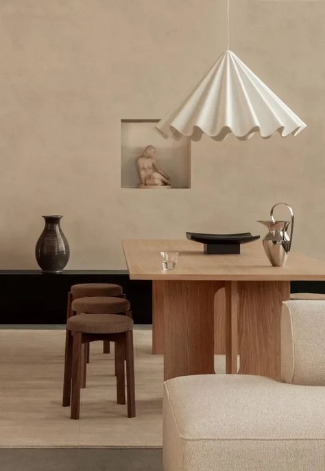 Soft minimalist dining area with oak table, cushioned Passage stool and sculptural pendant light from Audo Copenhagen | New design finds - March 2024 | These Four Walls blog Copenhagen Design Interior, Dancing Pendant, Copenhagen Furniture, Solid Oak Furniture, Audo Copenhagen, White Canopy, Outdoor Side Tables, Bed Bench, Stationery Storage