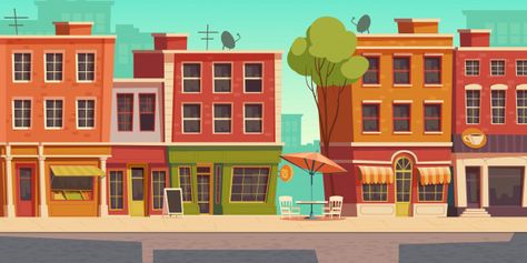 Urban street illustration with small sho... | Free Vector #Freepik #freevector #food #business #coffee #city Street Illustration, Street Landscape, Street Background, Episode Backgrounds, Building Illustration, City Background, Vector Sketch, City Illustration, City Scene