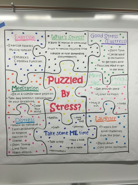 Puzzled by stress? Board. RA Mental Health Office Decor Ideas Offices, Self Care Bulletin Board Ideas, Mental Health Month Bulletin Board Ideas, Health Class Bulletin Boards, Mental Health Activity Ideas High School, Brain Bulletin Board, Mental Health Bulletin Board Ideas, School Counselor Bulletin Boards, School Counseling Bulletin Boards