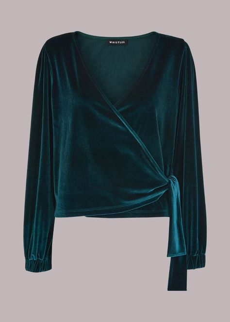 Green Velvet V Neck Wrap Top | WHISTLES | Whistles Stretch Velvet Top, Velvet Top, Stretch Velvet, Neck Wrap, Velvet Tops, Jersey Top, Green Velvet, Wrap Top, Everyday Wardrobe