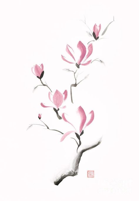 Sumi E Tattoo, Japanese Mural, Japanese Florals, Sumi Painting, Magnolia Logo, Magnolia Painting, Branch Painting, Chinese Painting Flowers, Japanese Ink Painting