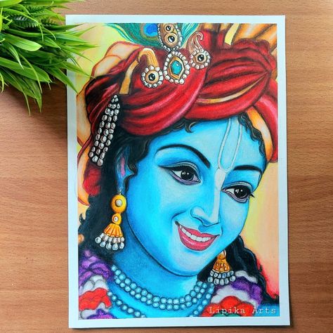 Krishna Ji Pencil Colour Sketch, Krishna Painting Oil Pastels, Kahna Ji Drawing, Cartoon Krishna Drawing, Radha Krishna Oil Pastel Drawing, Krishna Drawing Colour, Krishna Oil Pastels Drawing, Radha Krishna Modern Art Paintings, Cartoon Krishna