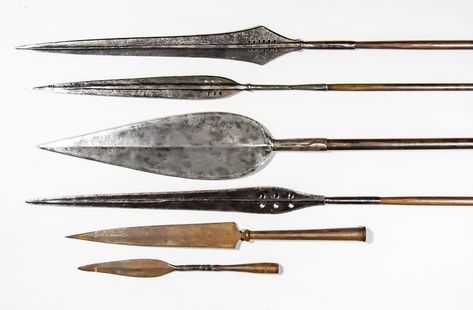 Six African Spears, comprising - one in the form of an Assegai, 20ins head, 80ins overall, three African Spears, African Spear, Canterbury, Art Auction, Spears, Works Of Art, African Clothing, The Two, Auction