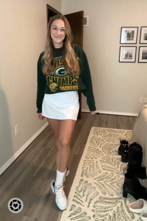 What I’m wearing for game day!  NFL game, NFL apparel, game day outfit, tailgate outfit, tailgate style, football fashion, game day looks, tennis skirt outfit, cute sweatshirt outfit, sporty chic  Follow my shop @CassMcK_ on the @shop.LTK app to shop this post and get my exclusive app-only content!  #liketkit #LTKSeasonal #LTKfindsunder100 #LTKfindsunder50 @shop.ltk https://liketk.it/4PpOO Nfl Girlfriend, Winter Game Day Outfit Football, Tailgate Outfit College, Outfit Sporty Chic, Winter Chill Outfits, Football Game Outfit Highschool, Game Day Looks, College Football Game Outfit, Fall Tailgating