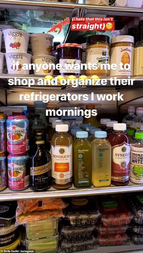 Organised Fridge, Inside Fridge, Supermodel Diet, Healthy Fridge, Hadid Instagram, Drink Fridge, Victoria Secret Show, House Smell Good, Low Calorie Snacks