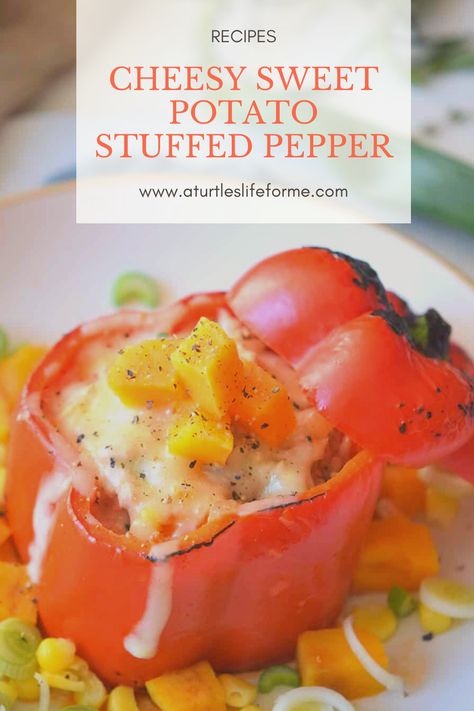 Sweet Potato Stuffed Peppers, Cheesy Sweet Potato, Classic Stuffed Peppers Recipe, Sweet Potato Stuffed, Stuffed Pepper Recipe, Potato Stuffed, Pepper Recipe, Meatless Meal, Stuffed Pepper