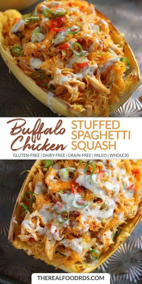 Chicken Stuffed Spaghetti Squash, Buffalo Chicken Spaghetti Squash, Stuffed Spaghetti Squash, Creamy Ranch Dressing, Creamy Ranch, Baked Squash, Chicken Stuffed, Chicken Spaghetti Squash, Spaghetti Squash Recipes