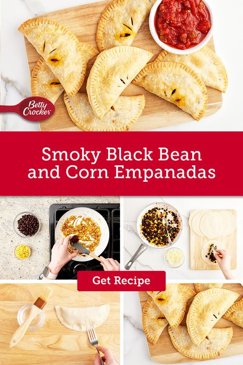 Empanadas recipe, Empanadas baked, Empanadas vegetarian, easy Empanadas recipe, how to make Empanadas Sweet Potato Black Bean Empanadas, Black Bean And Corn Empanadas, Crispy Black Bean Tacos Vegan, Black Bean And Corn Enchiladas, Black Bean And Corn Quesadillas, Cheese Empanadas, Betty Crocker Recipes, Refrigerated Pie Crust, Frozen Corn